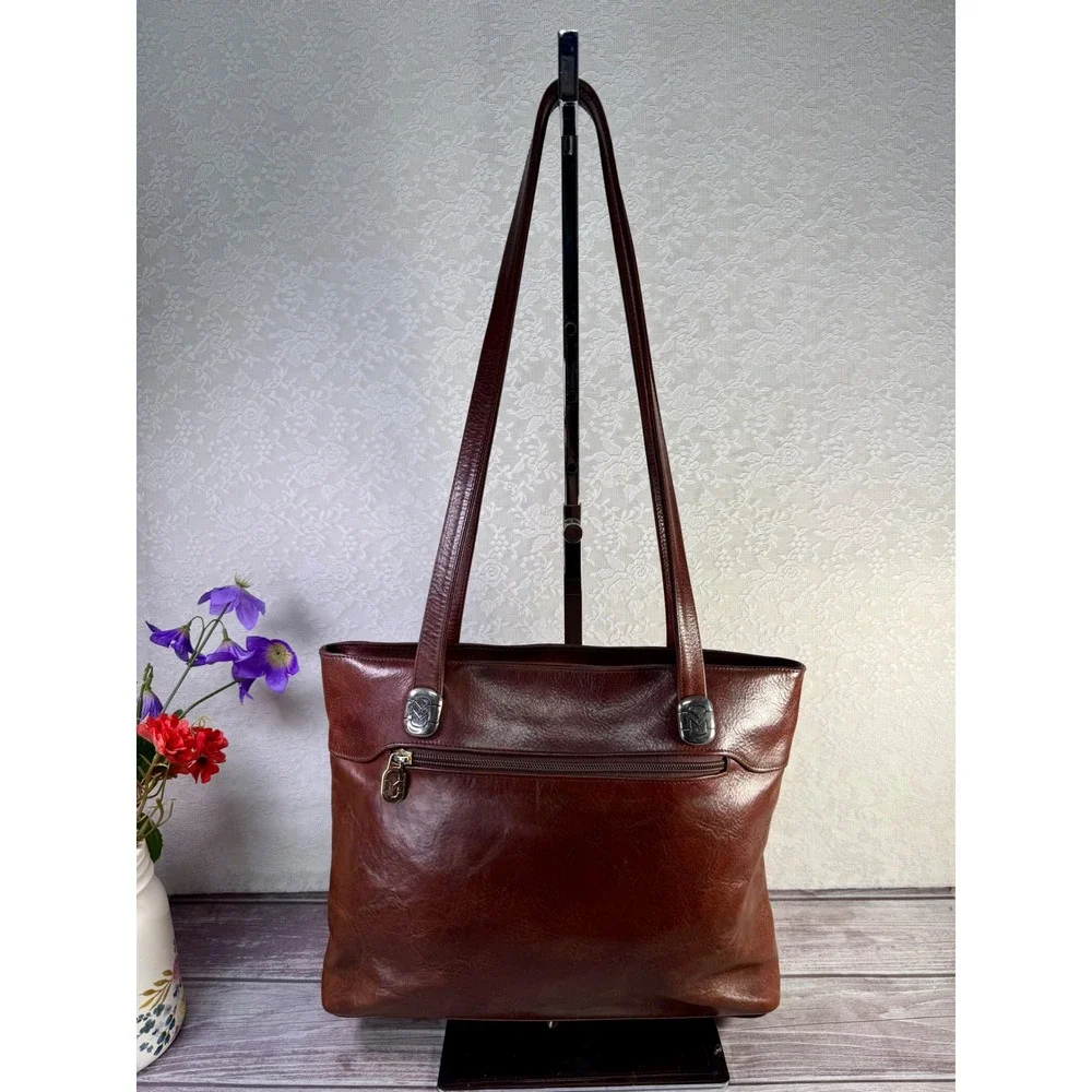 Marino Orlandi Brown Cognac Leather Floral Embossed Tote Bag Italy Shoulder Bag